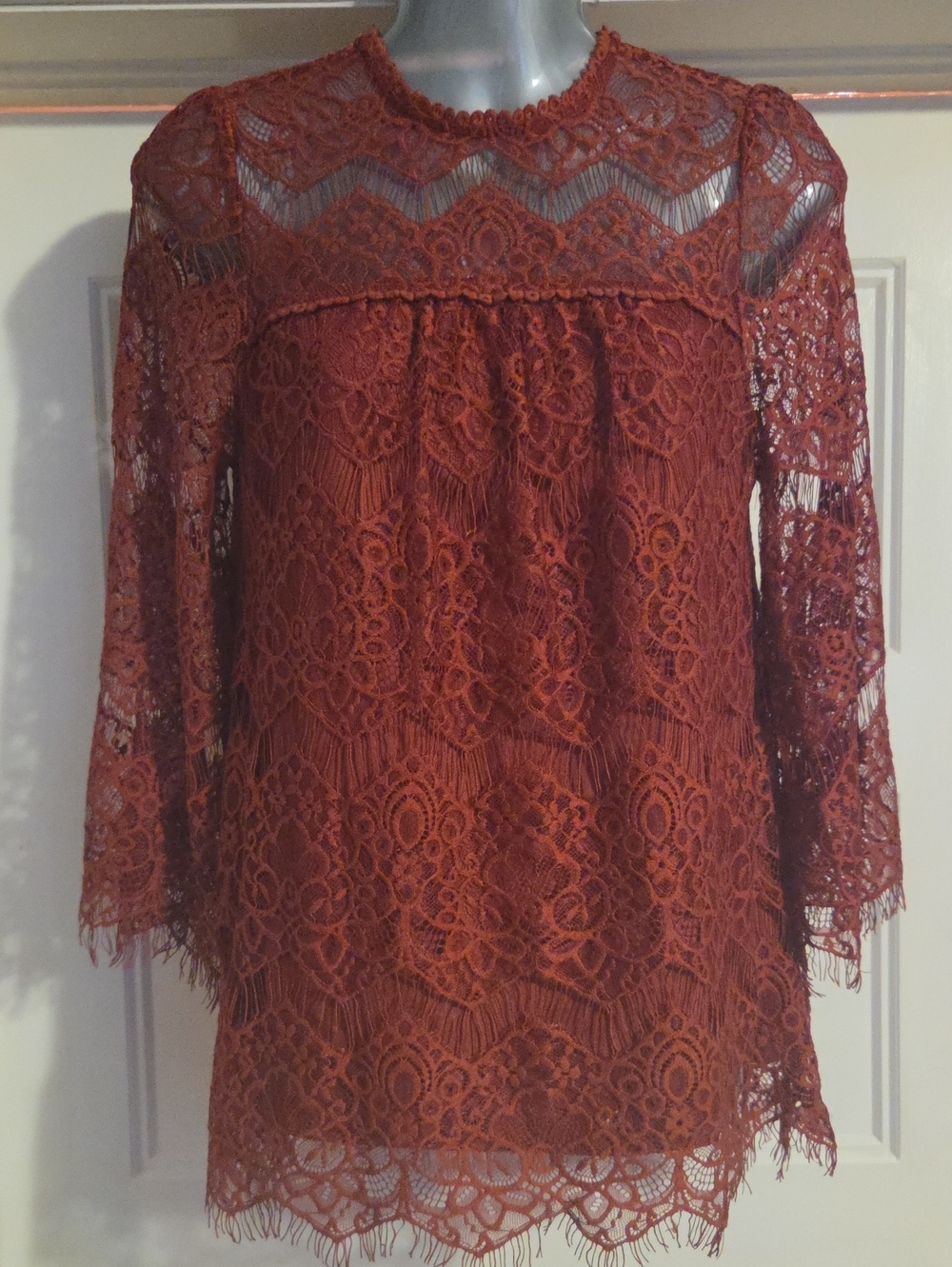 Lace Overlay Long-Sleeve Top in Rust